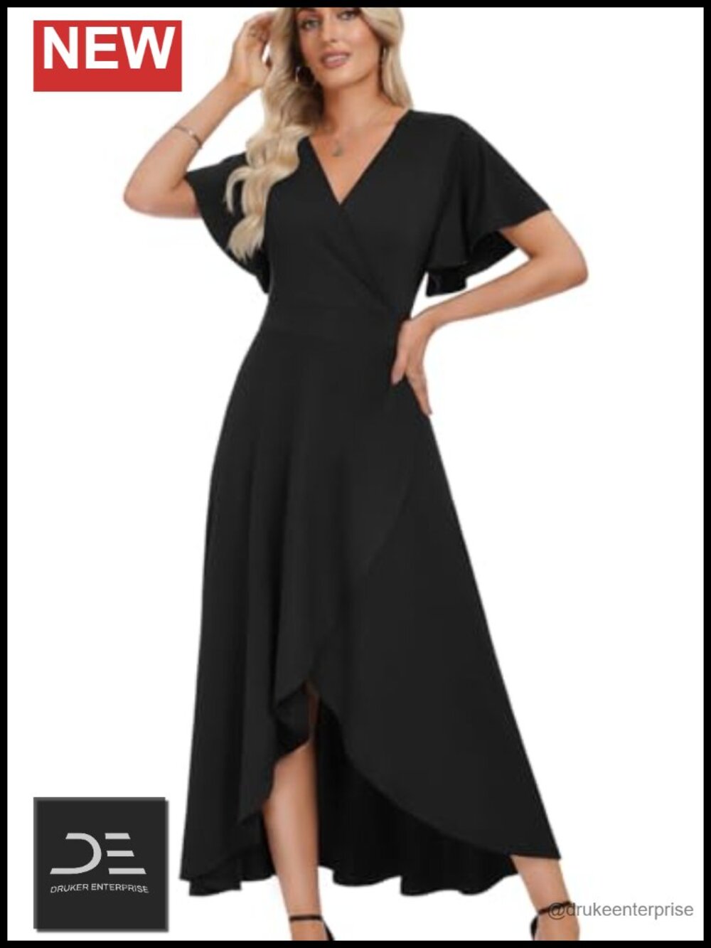 Women Formal Maxi Dress V Neck Ruffle Sleeve Split Wrap Waist